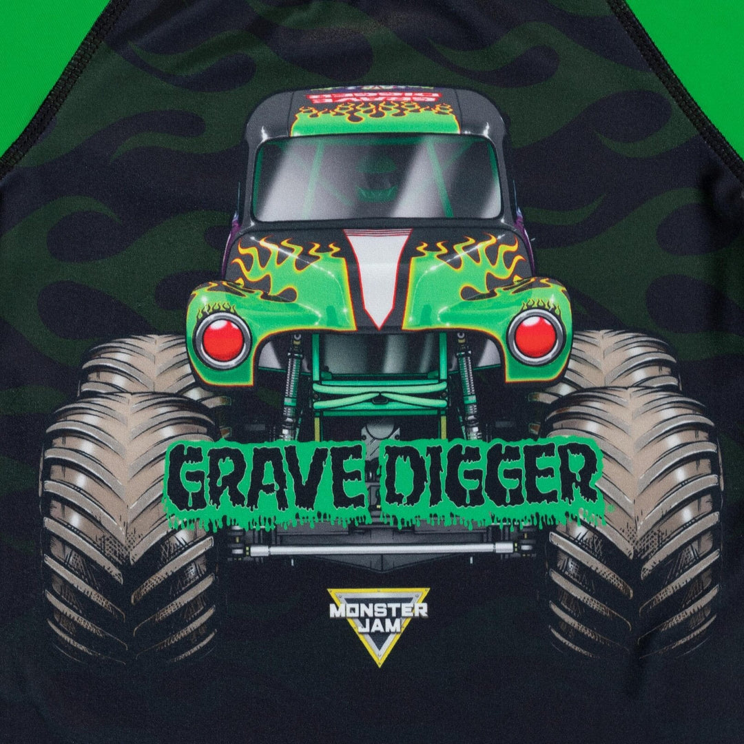 Monster Jam Grave Digger UPF 50+ Pullover Rash Guard Swim Trunks Outfit Set - imagikids