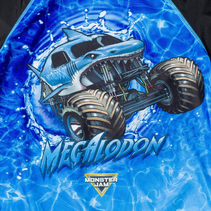 Monster Jam Megalodon UPF 50+ Rash Guard Swim Trunks Outfit Set - imagikids