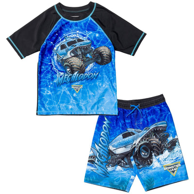 Monster Jam Megalodon UPF 50+ Rash Guard Swim Trunks Outfit Set - imagikids