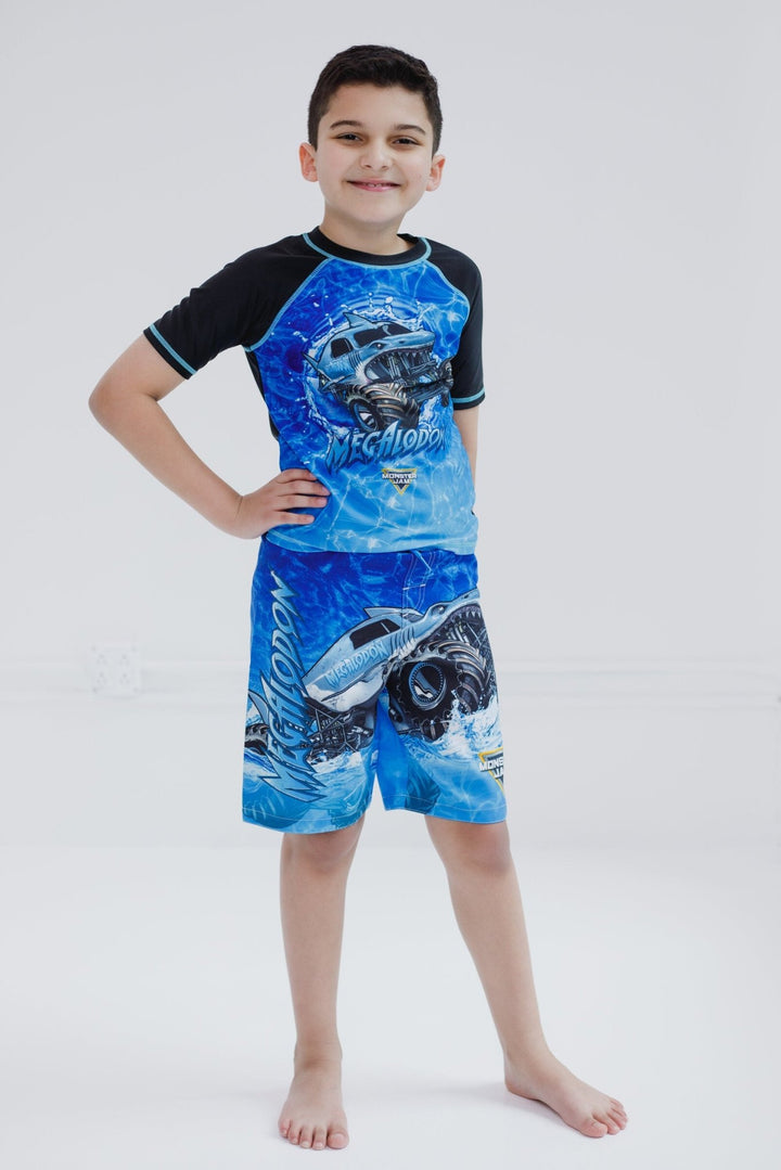 Monster Jam Megalodon UPF 50+ Rash Guard Swim Trunks Outfit Set - imagikids