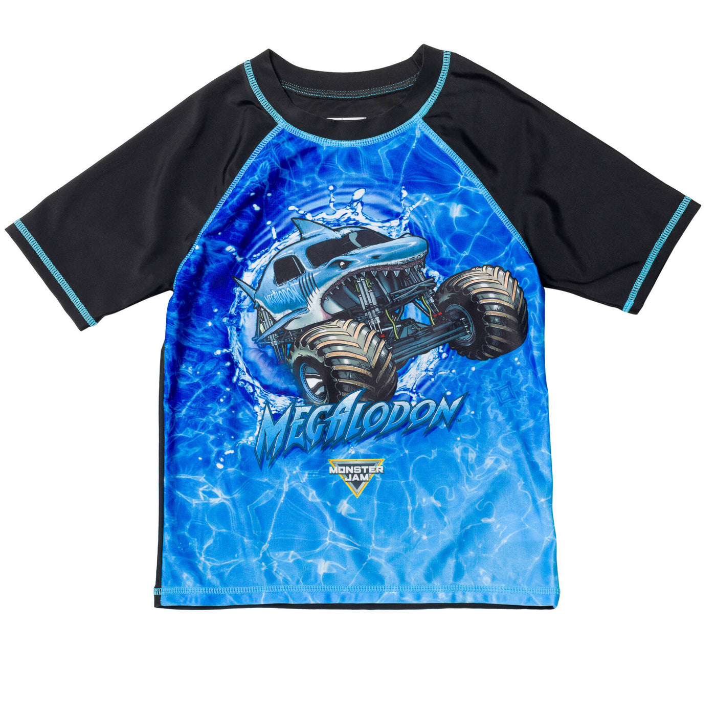 Monster Jam Megalodon UPF 50+ Rash Guard Swim Trunks Outfit Set
