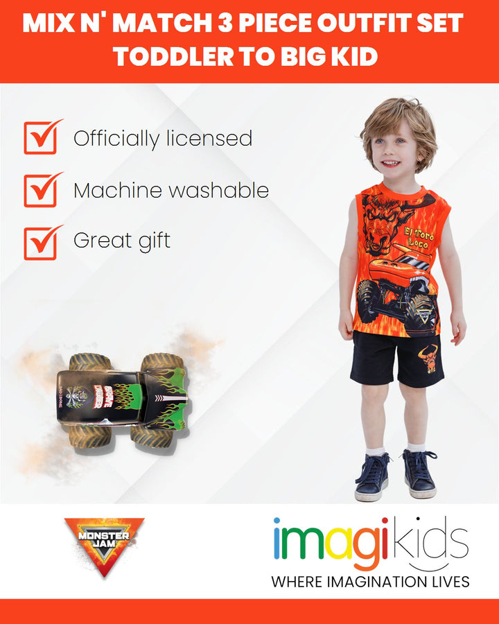 Monster Jam Mix N' Match Athletic T - Shirt Tank Top French Terry Shorts 3 Piece Outfit Set - imagikids