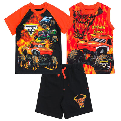 Monster Jam Mix N' Match Athletic T - Shirt Tank Top French Terry Shorts 3 Piece Outfit Set - imagikids