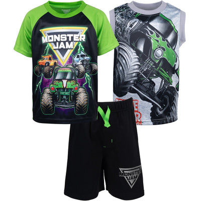 Monster Jam T - Shirt Tank Top and French Terry Shorts 3 Piece Outfit Set - imagikids