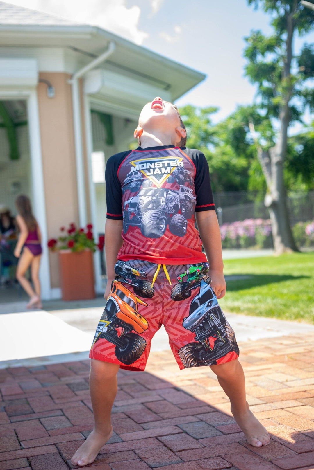 Monster Jam UPF 50+ Rash Guard Swim Trunks Outfit Set - imagikids