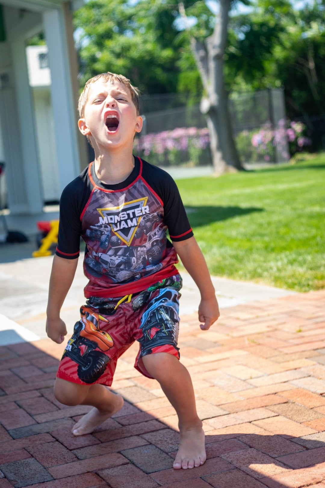 Monster Jam UPF 50+ Rash Guard Swim Trunks Outfit Set - imagikids