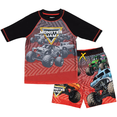 Monster Jam UPF 50+ Rash Guard Swim Trunks Outfit Set