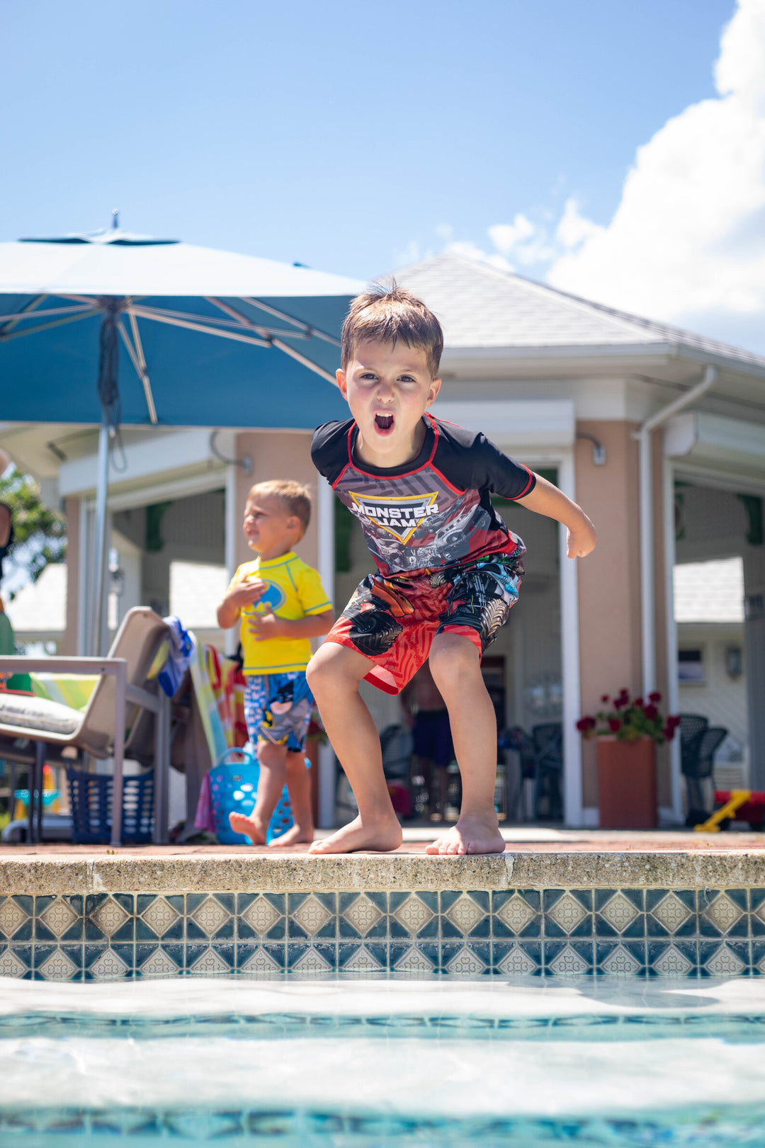 Monster Jam UPF 50+ Rash Guard Swim Trunks Outfit Set