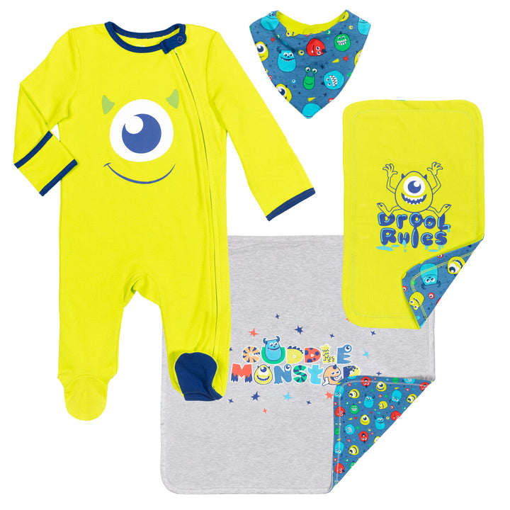 Mike Wazowski 4 Piece Outfit Set: Sleep N' Play Coverall Bib Blanket Burp Cloth