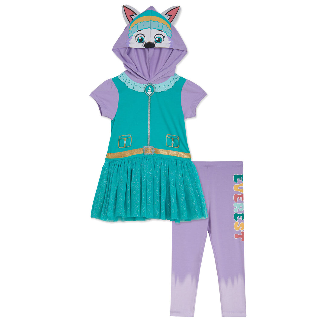 Paw Patrol Toddler Girls Hooded Cosplay T-Shirt Dress and Leggings Outfit Set - Teal / Everest