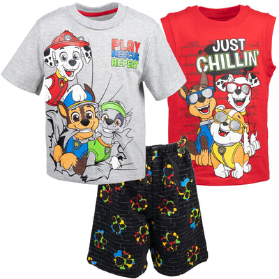 Paw Patrol T-Shirt Tank Top and French Terry Shorts 3 Piece Outfit Set