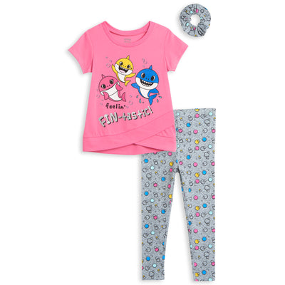 Pinkfong Baby Shark Crossover T-Shirt Leggings and Scrunchie 3 Piece Outfit Set