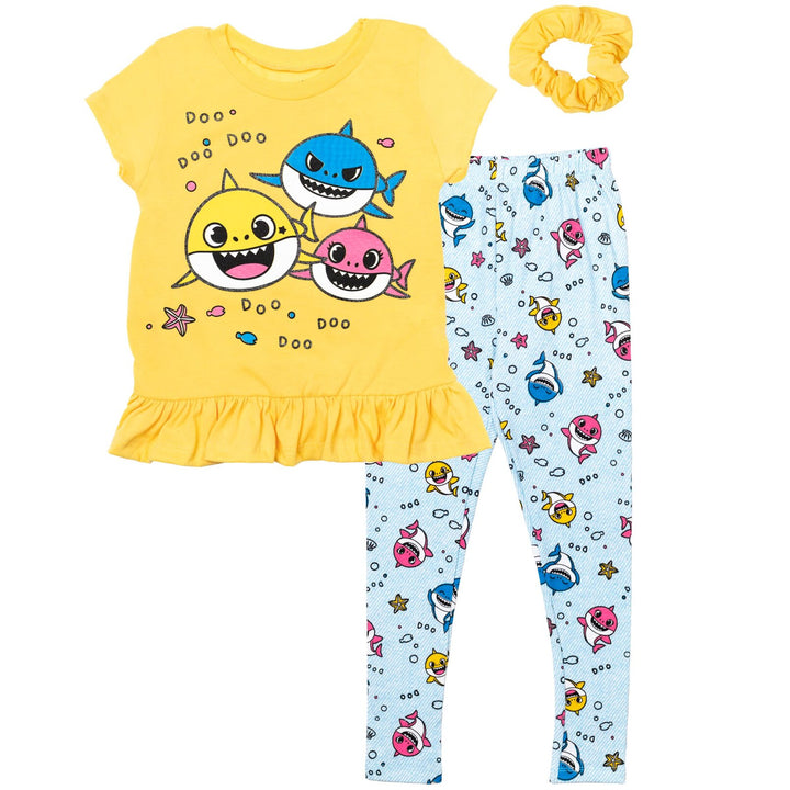 Pinkfong Baby Shark Peplum T-Shirt Leggings and Scrunchie 3 Piece Outfit Set