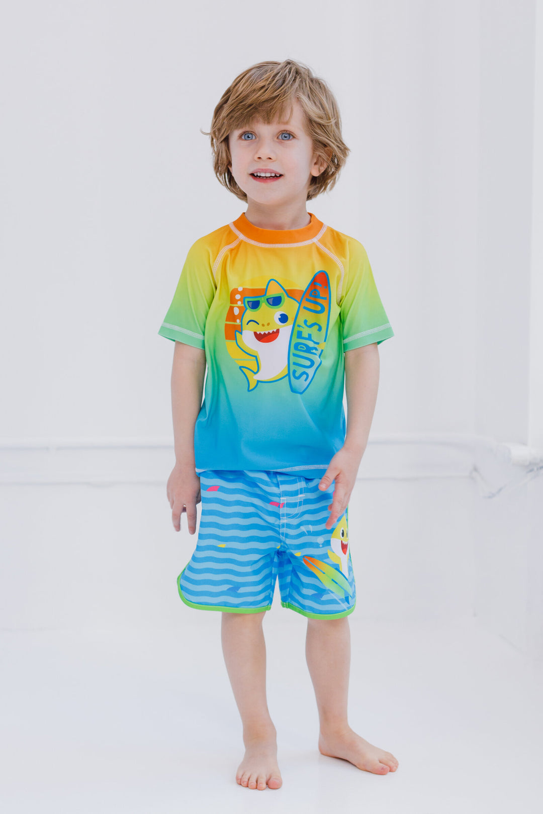 Pinkfong Baby Shark UPF 50+ Rash Guard Swim Trunks Outfit Set