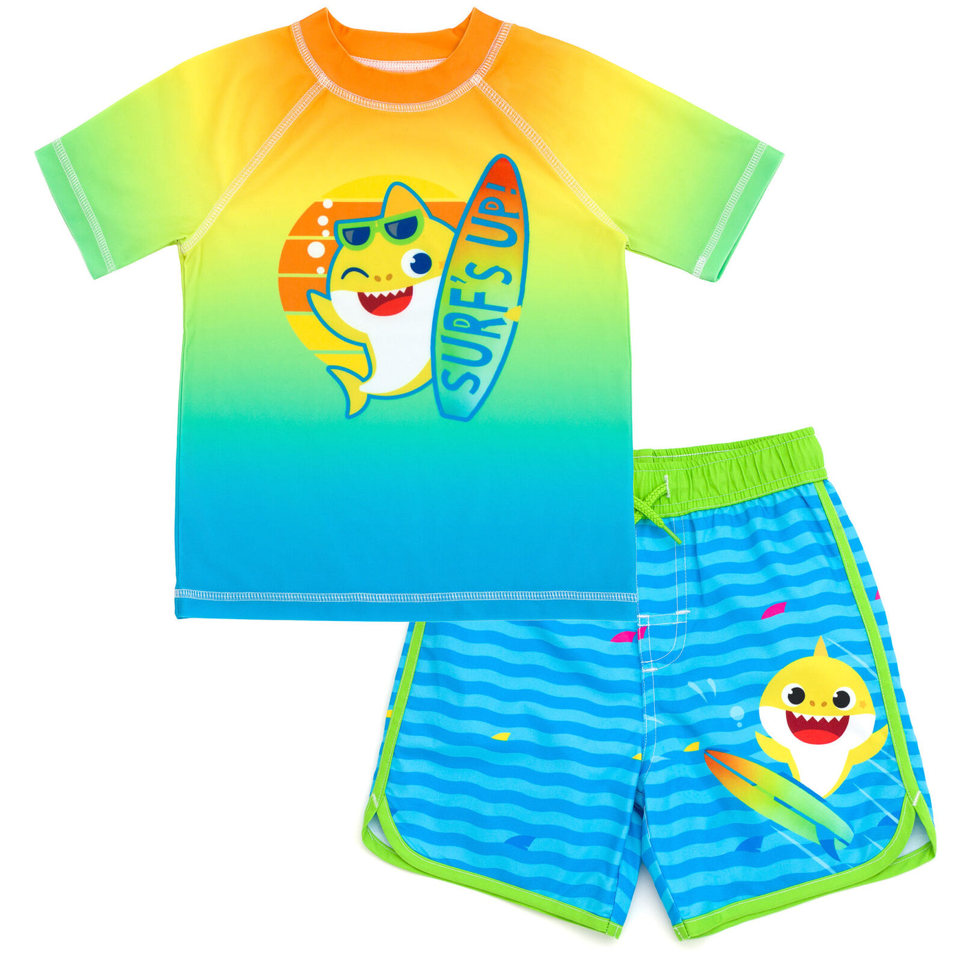 Pinkfong Baby Shark UPF 50+ Rash Guard Swim Trunks Outfit Set