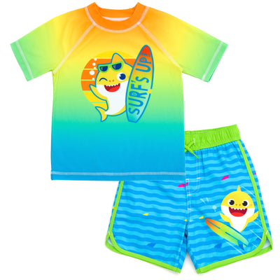Pinkfong Baby Shark UPF 50+ Rash Guard Swim Trunks Outfit Set