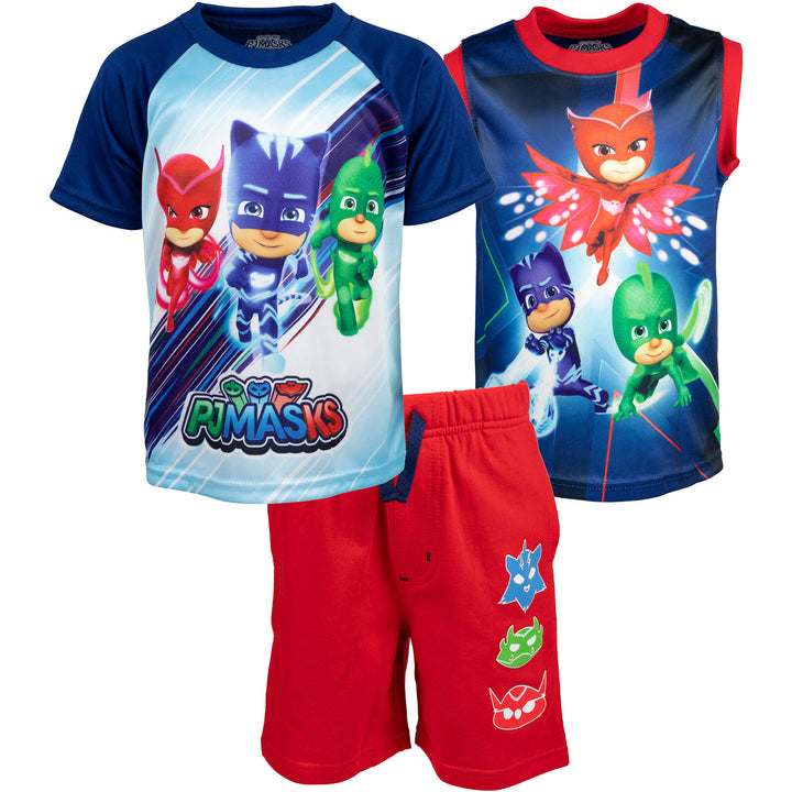 Conjunto de 3 piezas de PJ Masks: camiseta sin mangas y pantalones cortos de felpa francesa