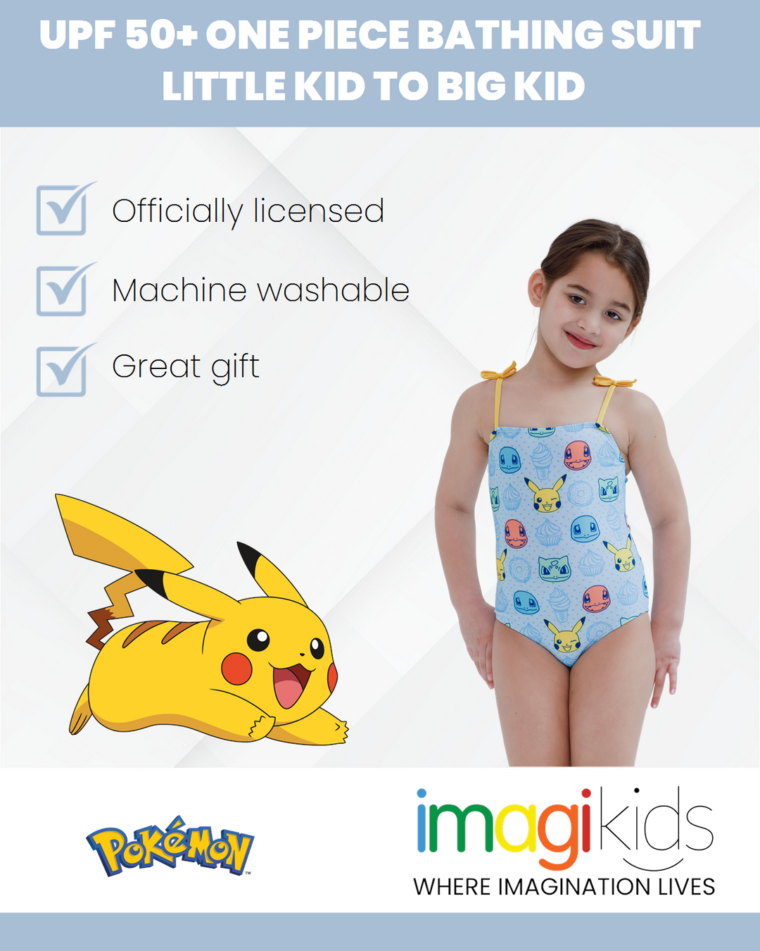 Pokemon Rashie Pokemon Girls UPF 50+ One Piece Bathing Suit Little Kid to Big Kid ...