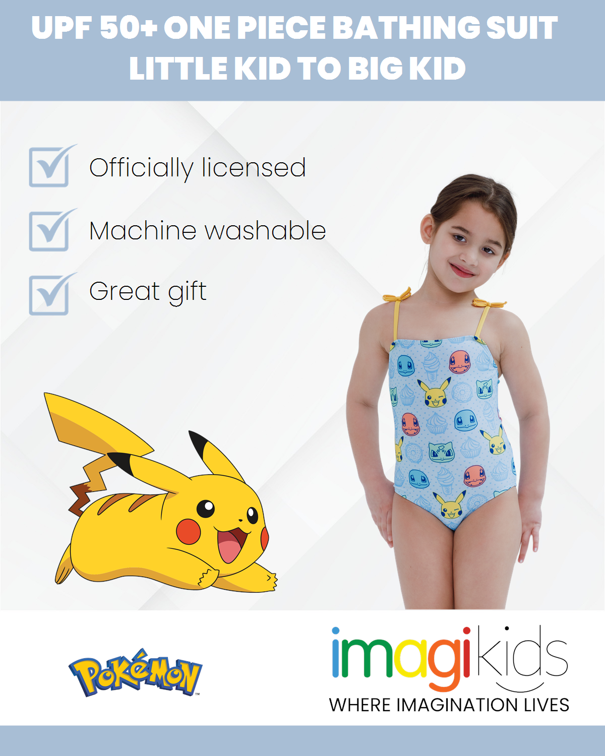 Pokemon Girls UPF 50+ One Piece Bathing Suit Little Kid to Big Kid