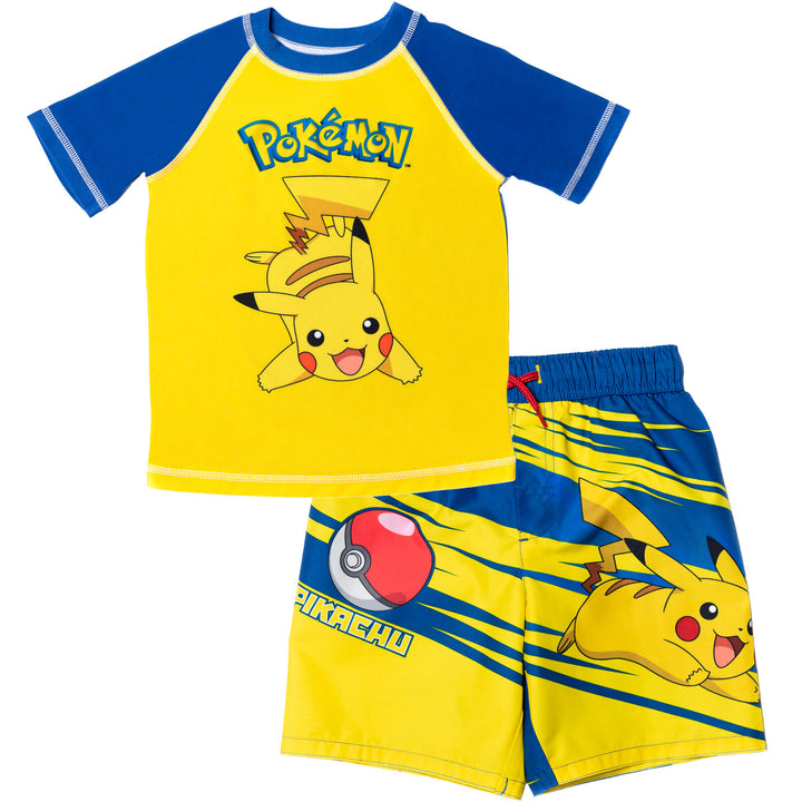 Pokemon Pikachu UPF 50+ Rash Guard Swim Trunks Outfit Set