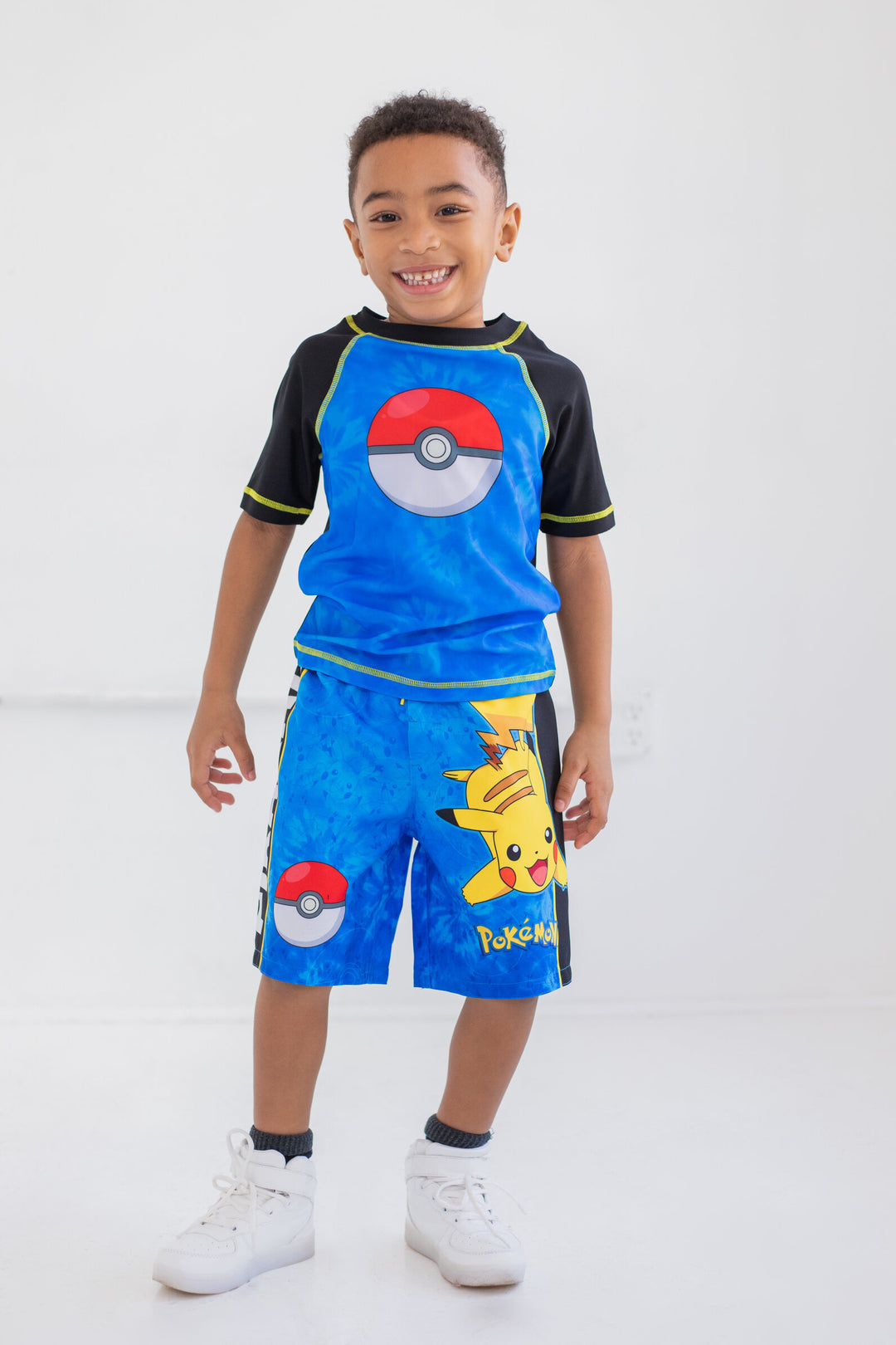 Pokemon Pikachu UPF 50+ Rash Guard Swim Trunks Outfit Set