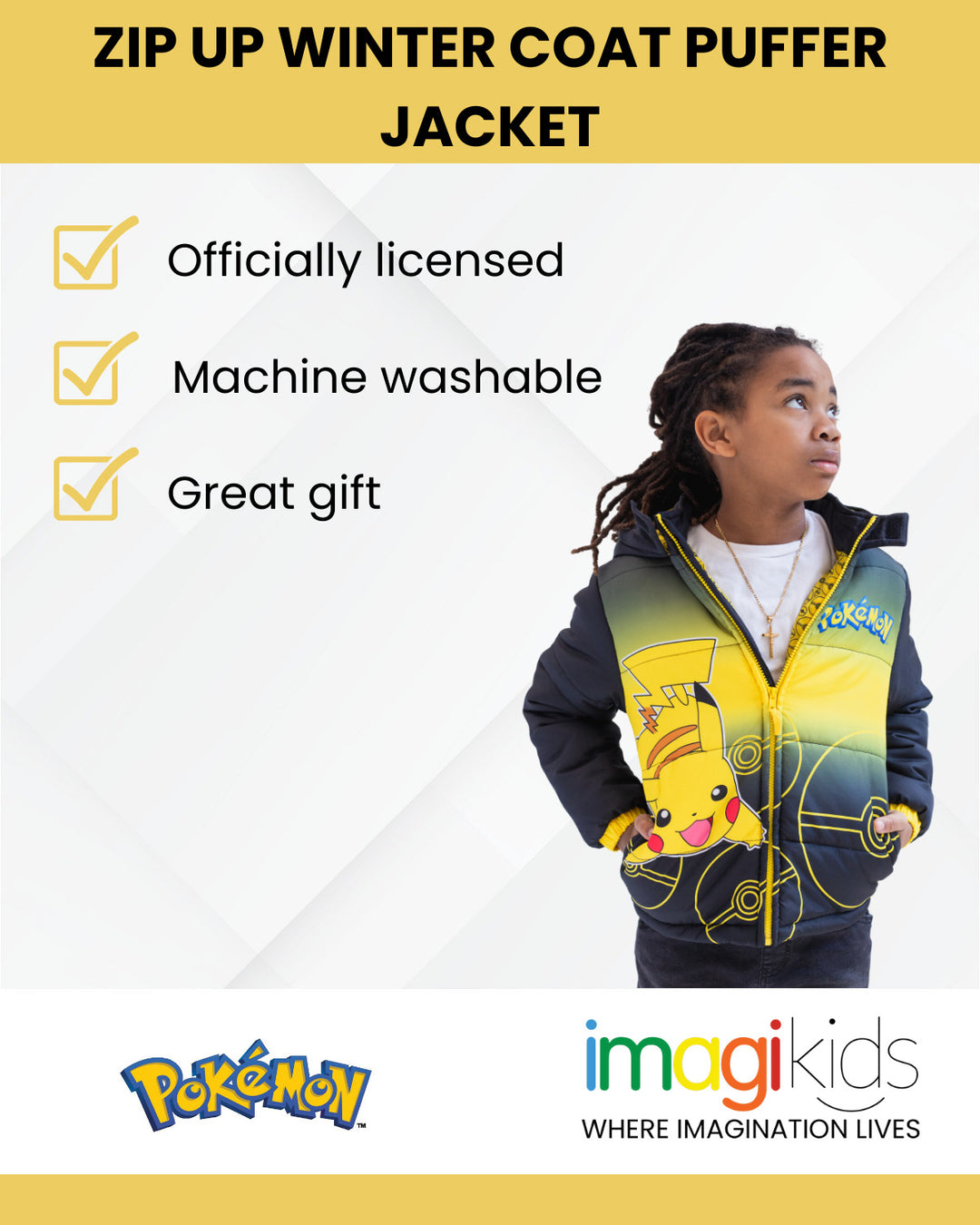 Pokemon Pikachu Zip Up Winter Coat Puffer Jacket