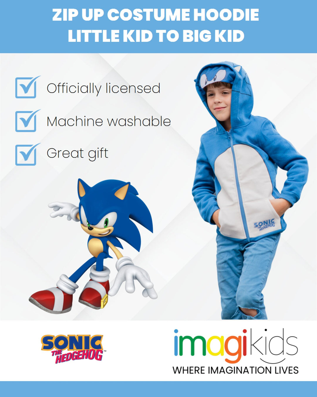 SEGA Sonic The Hedgehog Fleece Zip Up Costume Hoodie Toddler to Big Kid