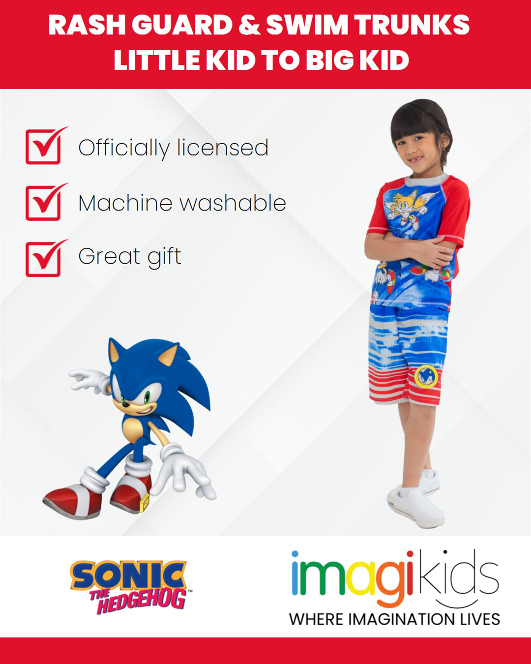 SEGA Sonic the Hedgehog Knuckles Tails Sonic The Hedgehog Rash Guard and Swim Trunks Outfit Set