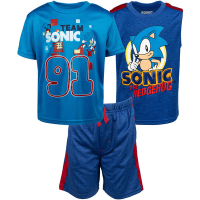 Conjunto de 3 piezas de SEGA Sonic The Hedgehog: camiseta sin mangas y pantalones cortos
