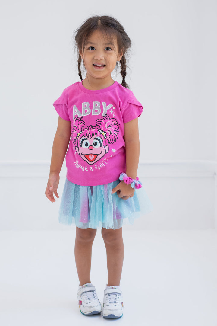 Sesame Street Abby Cadabby T-Shirt Tulle Mesh Skirt and Scrunchie 3 Piece Outfit Set