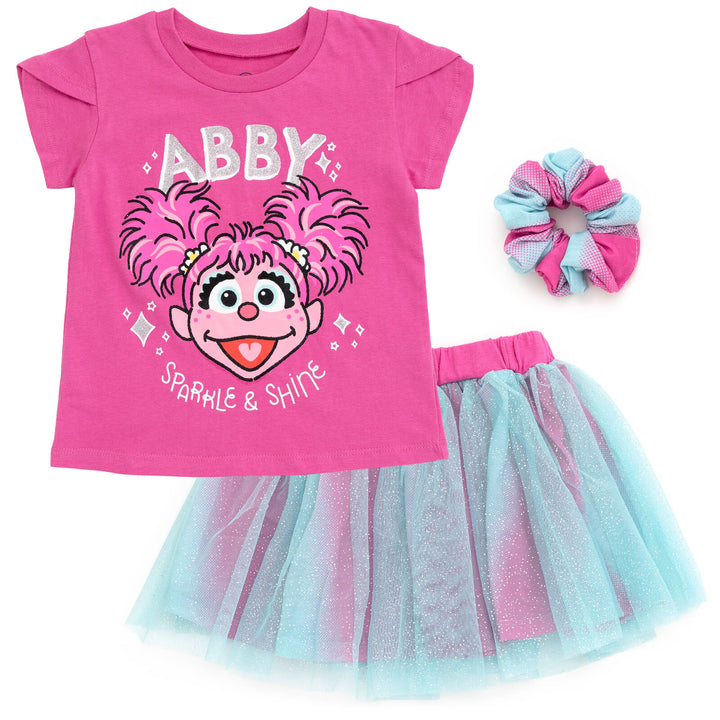 Sesame Street Abby Cadabby T-Shirt Tulle Mesh Skirt and Scrunchie 3 Piece Outfit Set