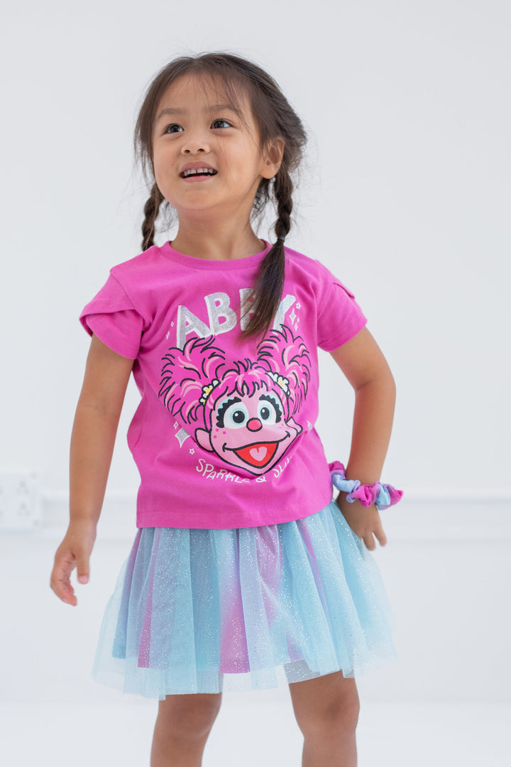 Sesame Street Abby Cadabby T-Shirt Tulle Mesh Skirt and Scrunchie 3 Piece Outfit Set