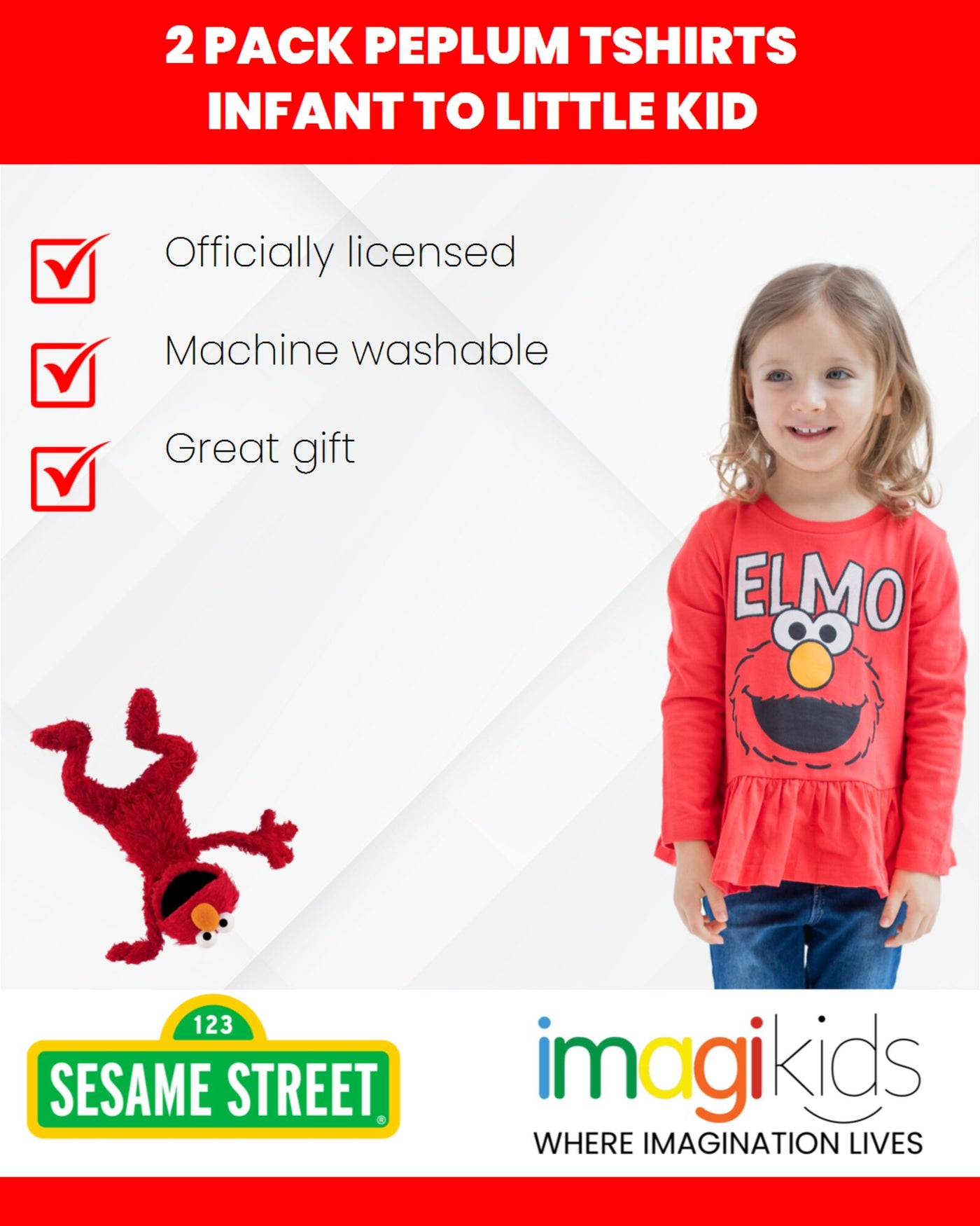 Sesame Street Elmo 2 Pack Ruffle Long Sleeve Graphic T-Shirt