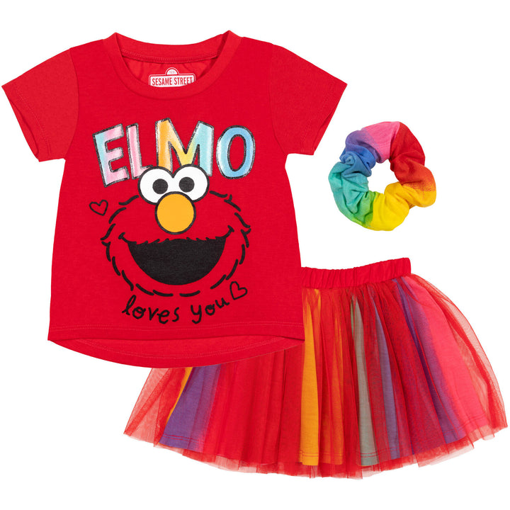 Sesame Street Elmo T-Shirt Tulle Skirt and Scrunchie 3 Piece Outfit Set