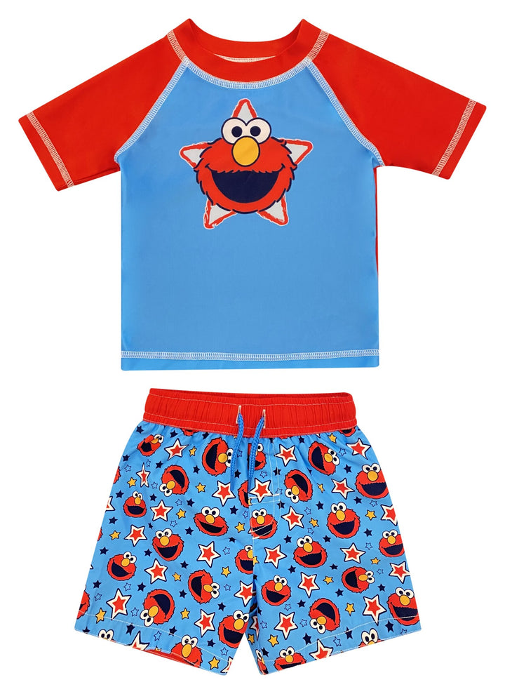 Sesame Street Elmo UPF 50+ Pullover Rash Guard Swim Trunks Outfit Set