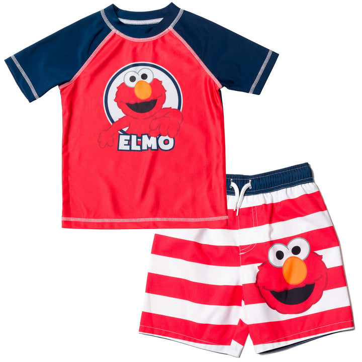 Sesame Street Elmo UPF 50+ Rash Guard Swim Trunks Outfit Set