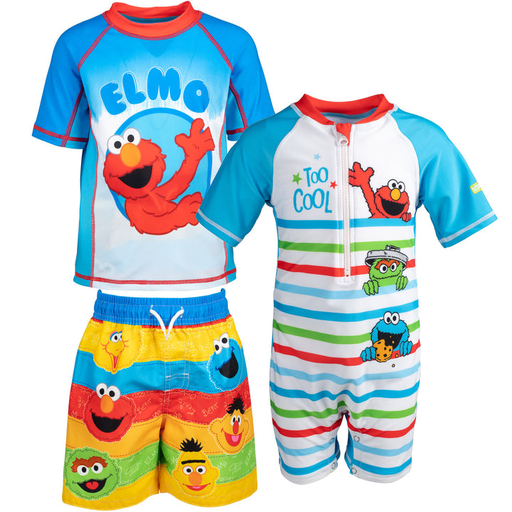 Sesame Street Zip Up Sunsuit Rash Guard and Swim Trunks 3 Piece Swimsuit Set