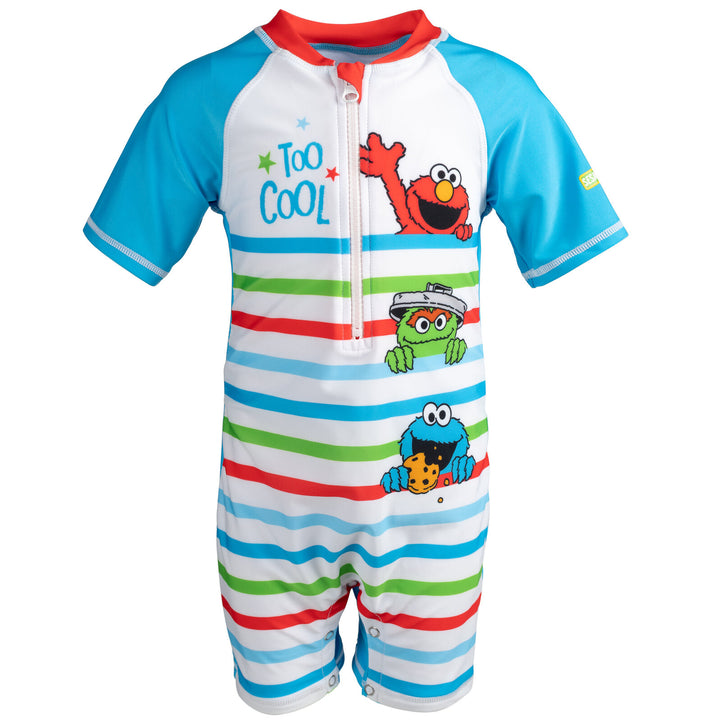 Sesame Street Zip Up Sunsuit Rash Guard and Swim Trunks 3 Piece Swimsuit Set