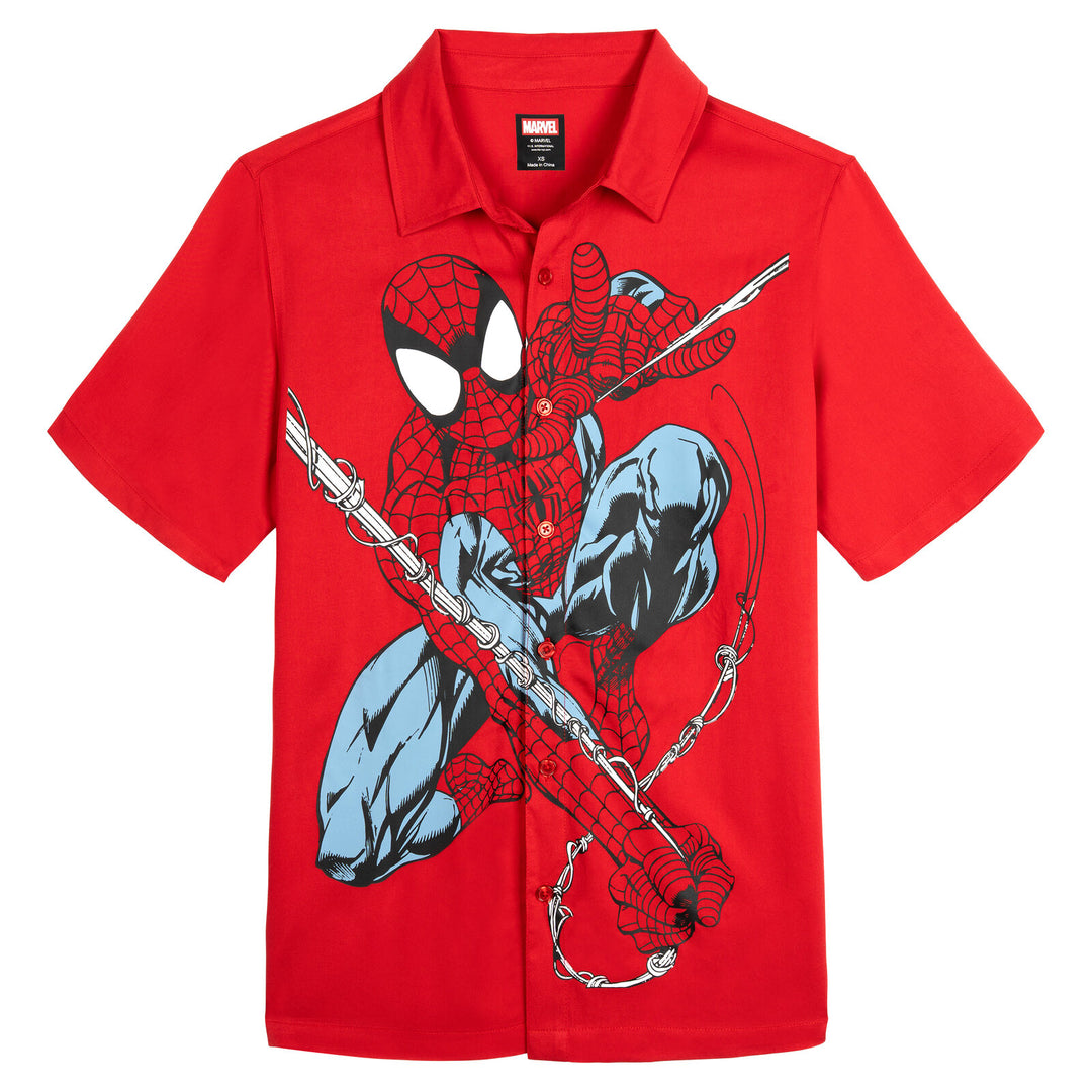Marvel Spider-Man Men's Hawaiian Short Sleeve Button Down Shirt Spider Man Crimson, Size: Large, Red