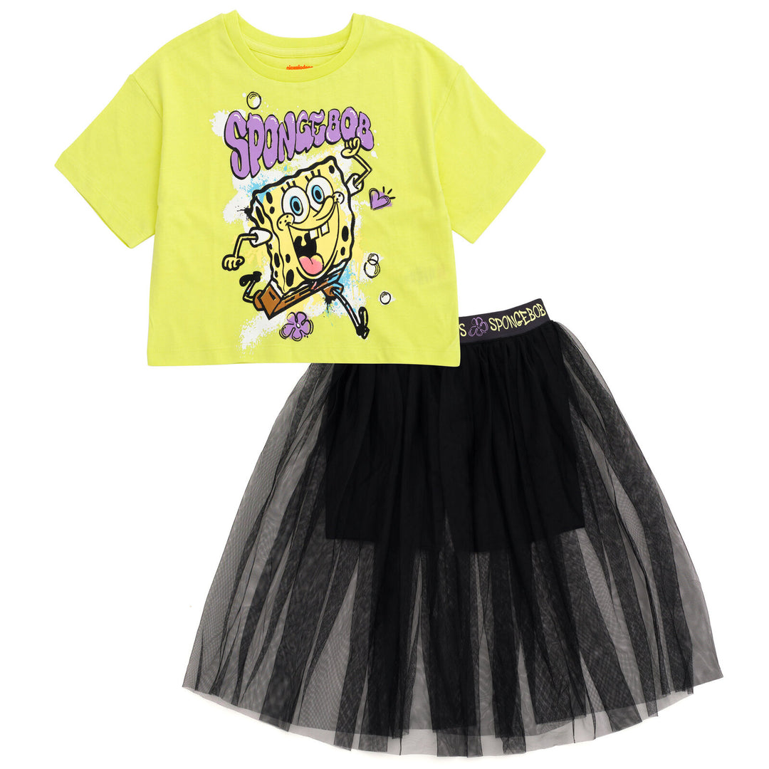 SpongeBob SquarePants Girls Cropped Boxy Drop Shoulder T-Shirt and Mesh Tulle Skort SpongeBob SquarePants Girls Cropped Boxy Drop Shoulder T-Shirt and Mesh Tulle Skort