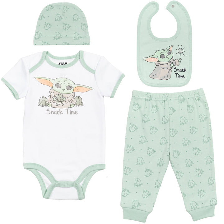 Star Wars The Mandalorian Baby Yoda 4 Piece Outfit Set: Bodysuit Pants Bib Hat