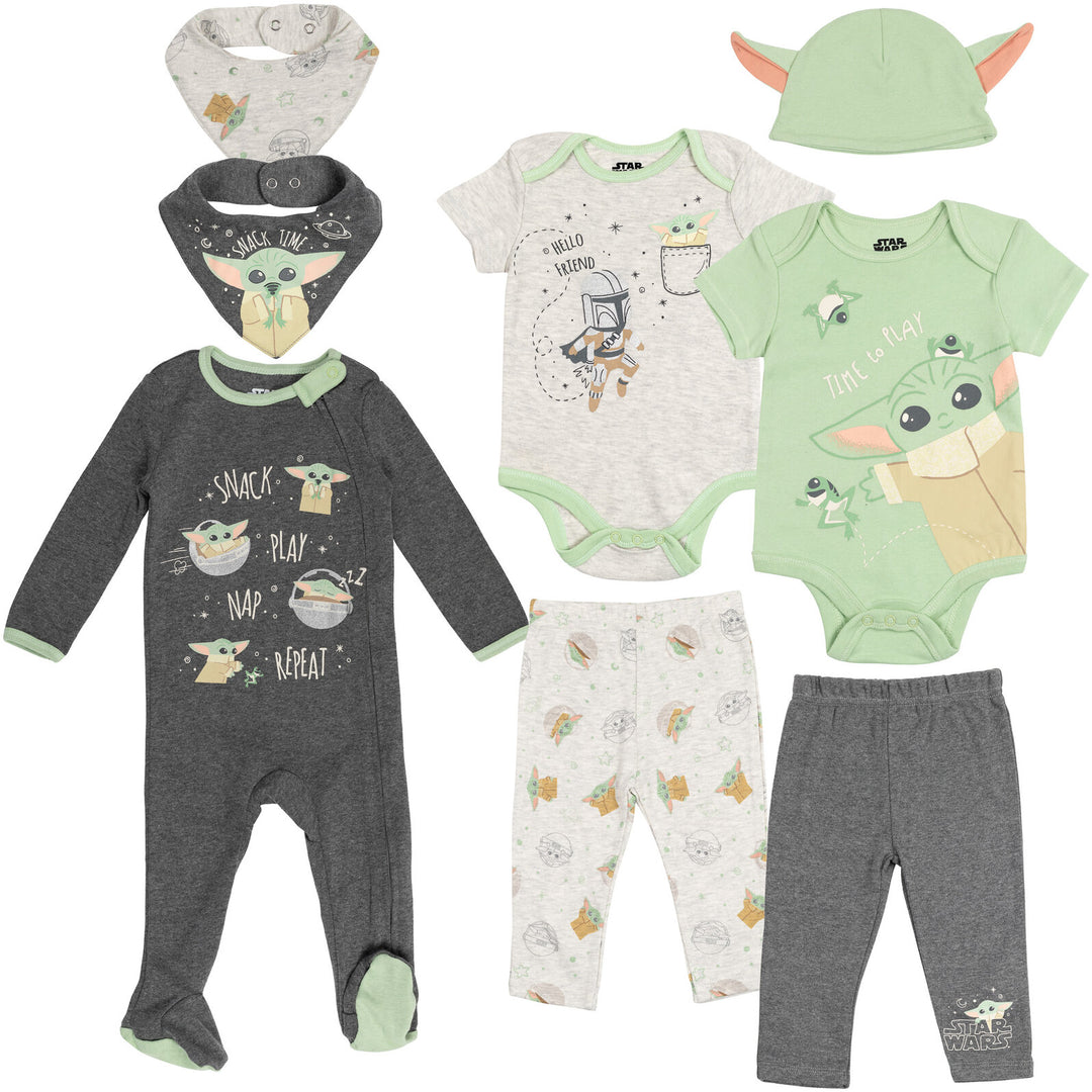 Conjunto de 8 piezas de Star Wars The Mandalorian: Monos Sleep N' Play Overol Pantalones Sombrero Baberos