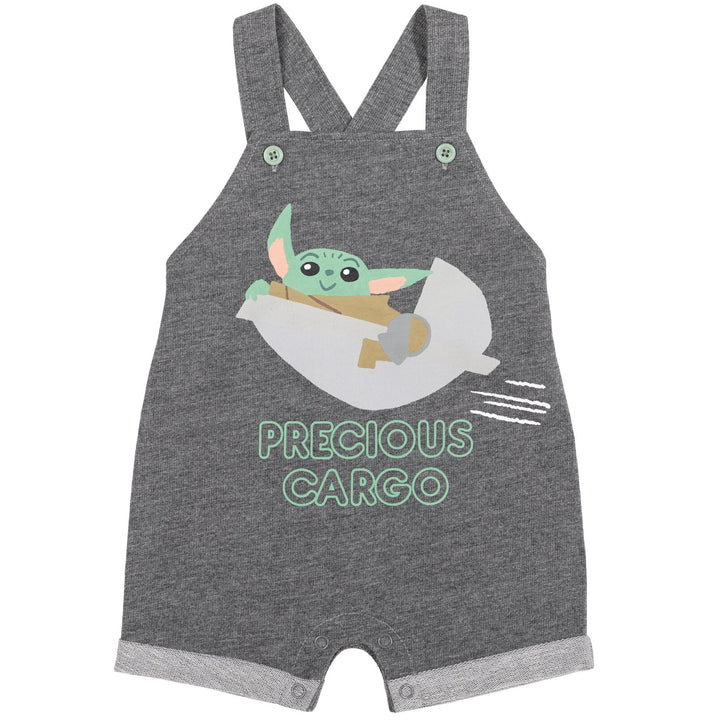 Star Wars Baby Yoda French Terry Short Overalls T-Shirt and Hat 3 Piece Outfit Set