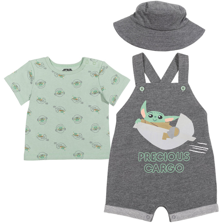 Star Wars Baby Yoda French Terry Short Overalls T-Shirt and Hat 3 Piece Outfit Set