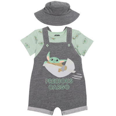 Star Wars Baby Yoda French Terry Short Overalls T-Shirt and Hat 3 Piece Outfit Set