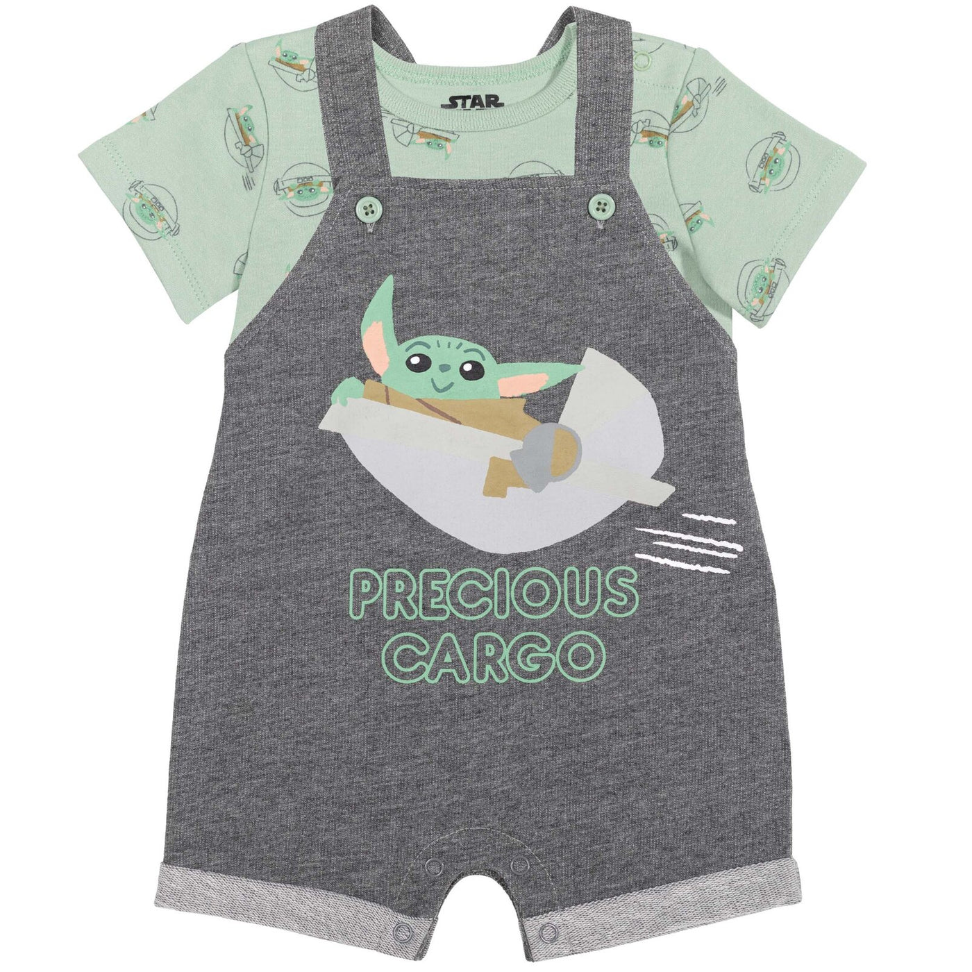Star Wars Baby Yoda French Terry Short Overalls T-Shirt and Hat 3 Piece Outfit Set