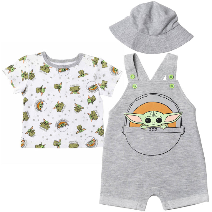 Star Wars Baby Yoda Short Overalls T-Shirt and Hat 3 Piece Outfit Set