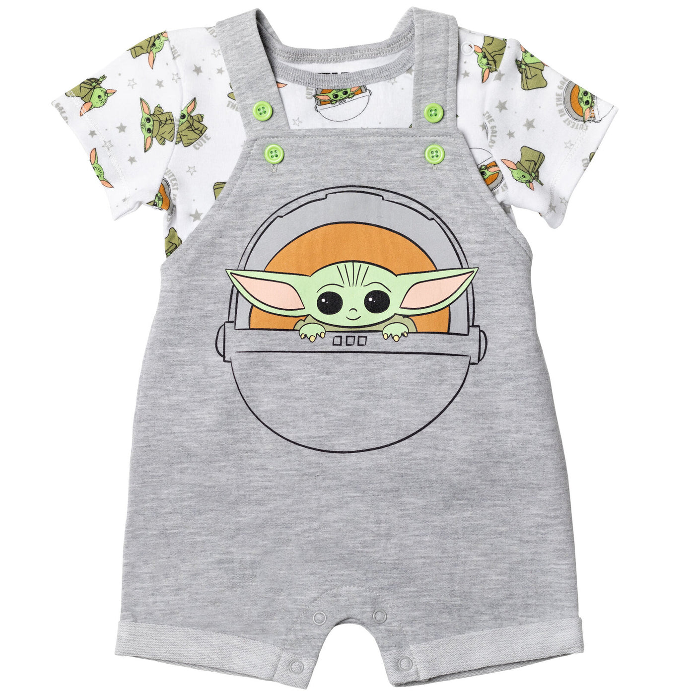 Star Wars Baby Yoda Short Overalls T-Shirt and Hat 3 Piece Outfit Set