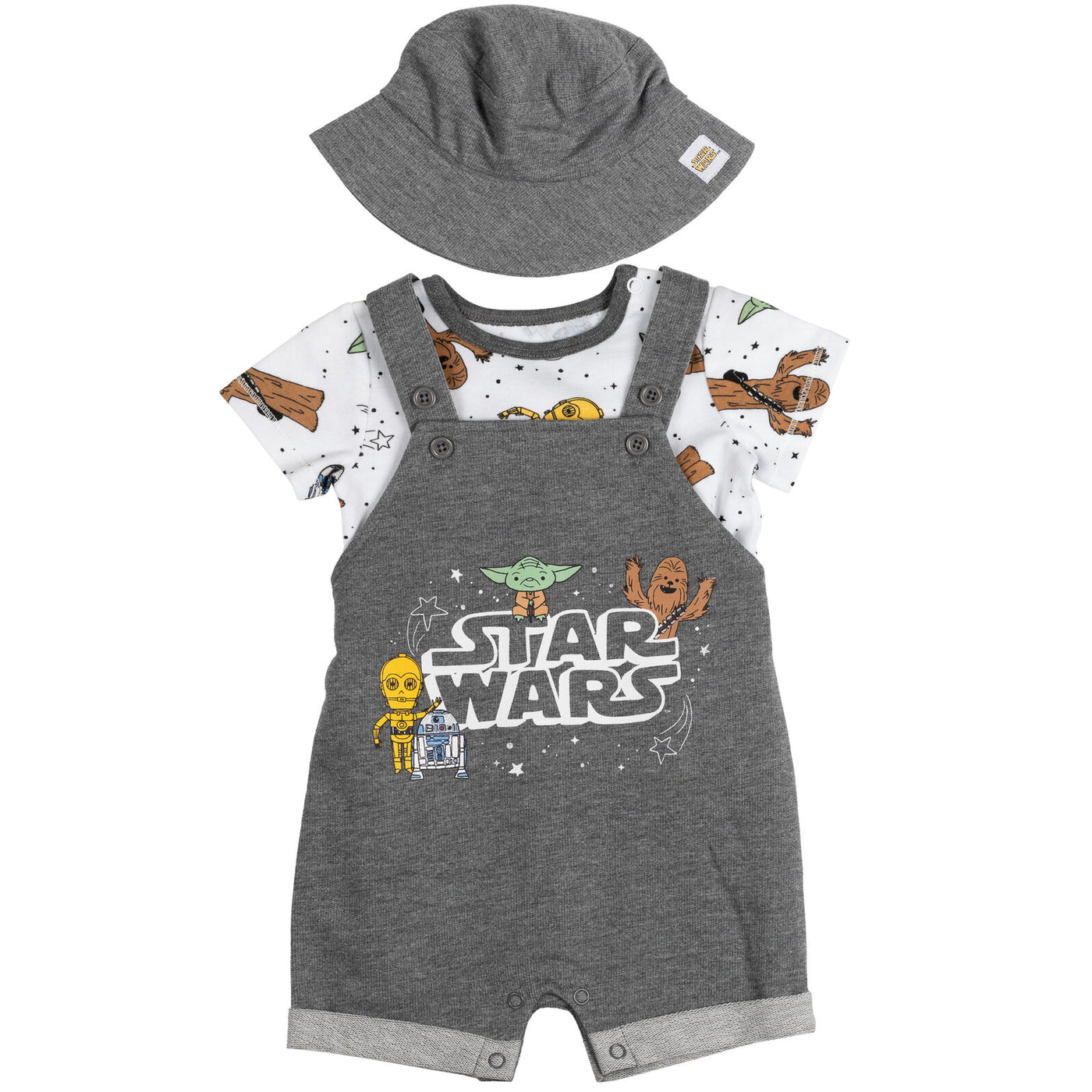 STAR WARS French Terry Short Overalls T-Shirt and Bucket Sun Hat 3 Piece Outfit Set