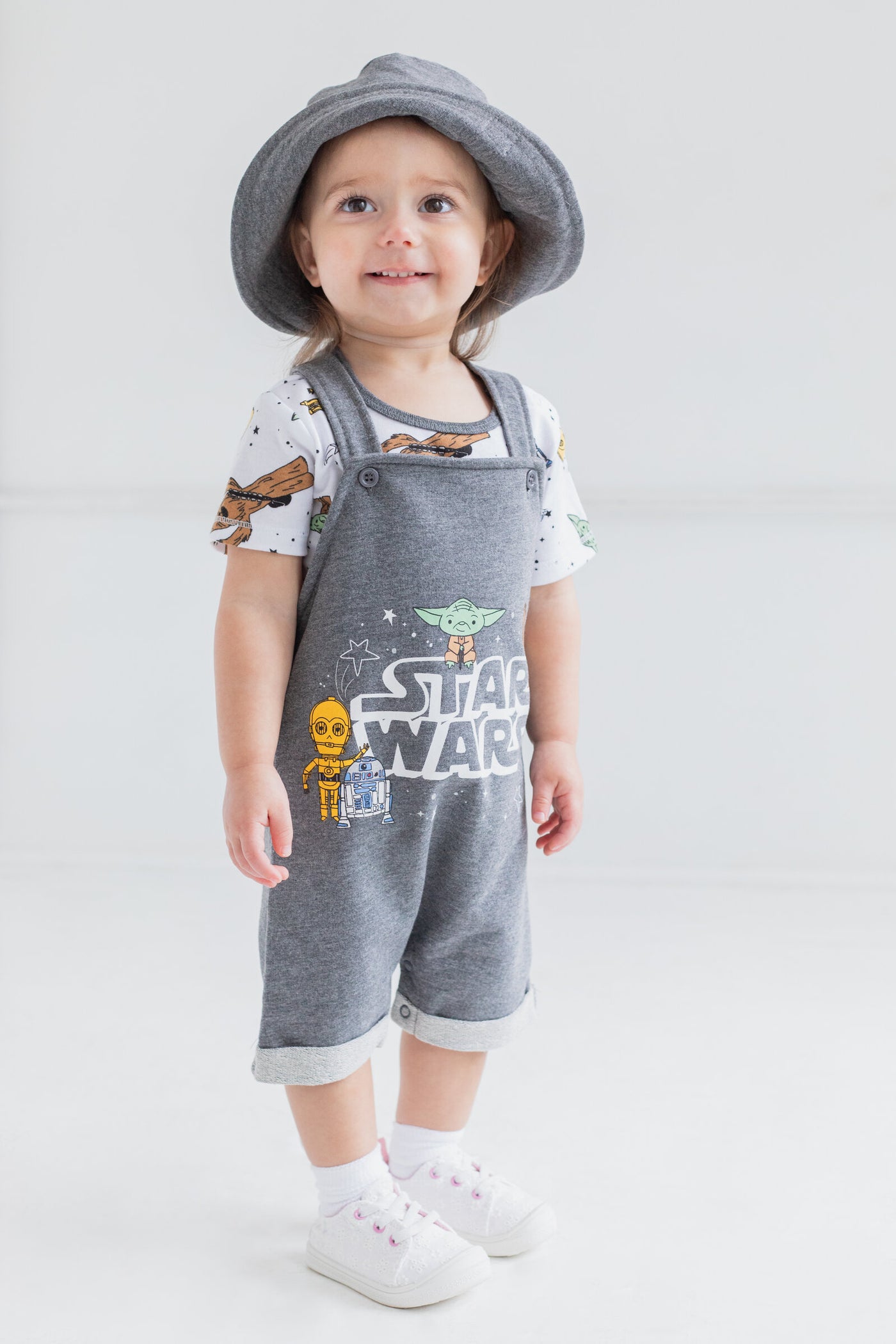 STAR WARS French Terry Short Overalls T-Shirt and Bucket Sun Hat 3 Piece Outfit Set